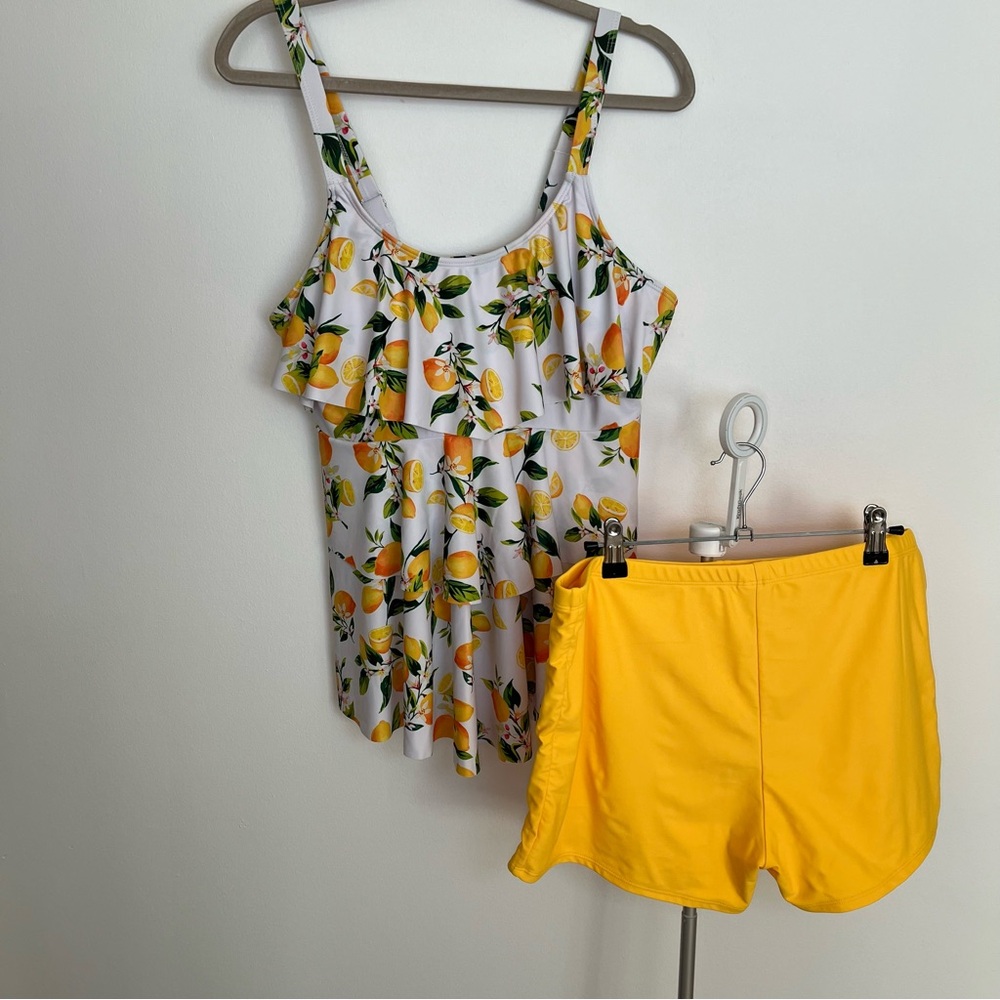 Swimsuit Lemon Print Tankini with Yellow Shorts Summer, Ruffles, Adjustable